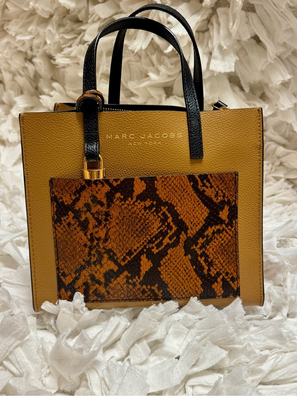 Marc Jacobs Tan Tote with Black Handles and Brown Python Pocket Prefect Size